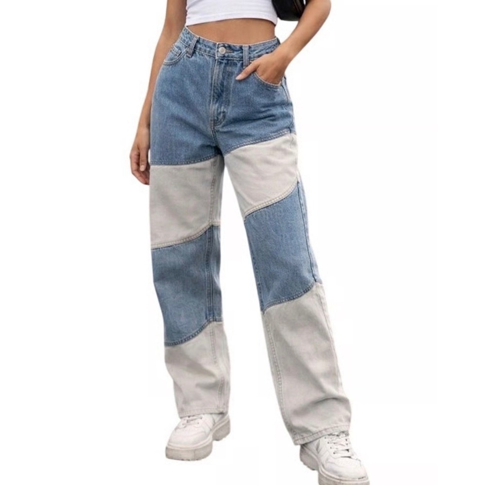 Wild Fable‎ Women Colorblock Patchwork Straight Leg Jeans Size 4 Blue White